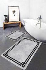 2'li Set Gri - Siyah Zeminde Çerçeveli Motifli Klasik Desenli Sade & Şık Geometrik  2'li Banyo & Mutfak Paspas Takımı Realhomes