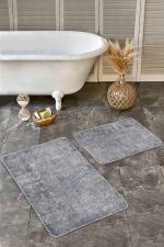 - Realhomes - Realhomes  2'li Set Gri - Antrasit Zeminde El Dokuma Motifli Antika Desenli Eskitme Motifli Vintage  2'li Banyo & Mutfak Paspas Takımı Realhomes