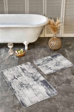 - Realhomes - Realhomes  2'li Set Gri - Siyah Zeminde Rustik Motifli Antika Desenli Vintage Sade & Şık  2'li Banyo & Mutfak Paspas Takımı Realhomes