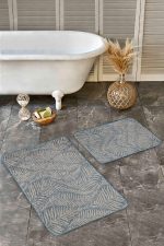 - Realhomes - Realhomes  2'li Set Mavi - Bej Zeminde Örme Motifli Yaprak Desenli Summer & Fresh Floral  2'li Banyo & Mutfak Paspas Takımı Realhomes