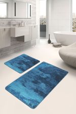 - PaspasTakimi-2li-Set1445-Gorsel-1 - Realhomes 2'li Set Mavi - Lacivert Zeminde Dokuma Motifli Halı Desenli Eskitme Motifli Sade & Şık 2'li Banyo & Mutfak Paspas Takımı Realhomes
