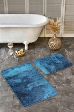 - Realhomes - Realhomes 2'li Set Mavi - Lacivert Zeminde Dokuma Motifli Halı Desenli Eskitme Motifli Sade & Şık 2'li Banyo & Mutfak Paspas Takımı Realhomes