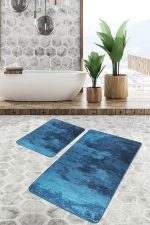 - PaspasTakimi-2li-Set1445-Gorsel-2 - Realhomes 2'li Set Mavi - Lacivert Zeminde Dokuma Motifli Halı Desenli Eskitme Motifli Sade & Şık 2'li Banyo & Mutfak Paspas Takımı Realhomes