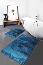 - PaspasTakimi-2li-Set1445-Gorsel-4 - Realhomes 2'li Set Mavi - Lacivert Zeminde Dokuma Motifli Halı Desenli Eskitme Motifli Sade & Şık 2'li Banyo & Mutfak Paspas Takımı Realhomes