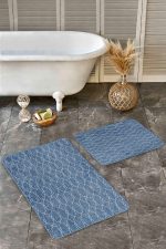 - Realhomes - Realhomes  2'li Set Mavi Zeminde Geometrik Motifli Örgü Desenli Geometrik Sade & Şık  2'li Banyo & Mutfak Paspas Takımı Realhomes