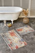 - Realhomes - Realhomes  2'li Set Çok Renkli Zeminde Kanvas Motifli Yağlıboya Desenli Eskitme Motifli Klasik  2'li Banyo & Mutfak Paspas Takımı Realhomes