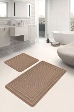 2'li Set Kahverengi Zeminde Hasır Motifli Jüt Desenli Vintage Klasik  2'li Banyo & Mutfak Paspas Takımı Realhomes