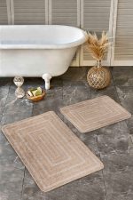 - Realhomes - Realhomes  2'li Set Bej Zeminde Jüt Motifli Hasır Desenli Klasik Vintage  2'li Banyo & Mutfak Paspas Takımı Realhomes