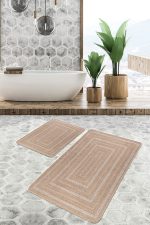 - PaspasTakimi-2li-Set1454-Gorsel-4 - Realhomes  2'li Set Bej Zeminde Jüt Motifli Hasır Desenli Klasik Vintage  2'li Banyo & Mutfak Paspas Takımı Realhomes