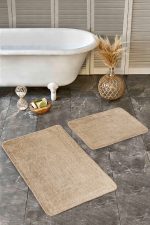 - Realhomes - Realhomes  2'li Set Krem Zeminde Hasır Motifli Geleneksel Desenli Sade & Şık Vintage  2'li Banyo & Mutfak Paspas Takımı Realhomes