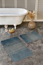 - Realhomes - Realhomes 2'li Set Mavi Zeminde El Dokuma Motifli Hasır Desenli Sade & Şık Klasik 2'li Banyo & Mutfak Paspas Takımı Realhomes