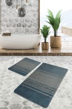 - PaspasTakimi-2li-Set1457-Gorsel-2 - Realhomes 2'li Set Mavi Zeminde El Dokuma Motifli Hasır Desenli Sade & Şık Klasik 2'li Banyo & Mutfak Paspas Takımı Realhomes