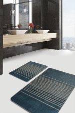 - PaspasTakimi-2li-Set1457-Gorsel-5 - Realhomes 2'li Set Mavi Zeminde El Dokuma Motifli Hasır Desenli Sade & Şık Klasik 2'li Banyo & Mutfak Paspas Takımı Realhomes