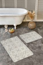 - Realhomes - Realhomes  2'li Set Krem Zeminde Örgü Motifli Antik Desenli Klasik Sade & Şık  2'li Banyo & Mutfak Paspas Takımı Realhomes