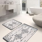 2'li Set Beyaz - Mavi Zeminde Sulu Boya Motifli Çiçek Desenli    2'li Banyo & Mutfak Paspas Takımı Realhomes