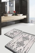 - PaspasTakimi-2li-Set1459-Gorsel-4 - Realhomes  2'li Set Krem - Siyah Zeminde Antika Motifli Geleneksel Desenli Etnik Motifler Vintage  2'li Banyo & Mutfak Paspas Takımı Realhomes