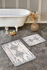 - Realhomes - Realhomes  2'li Set Krem - Siyah Zeminde Antika Motifli Geleneksel Desenli Etnik Motifler Vintage  2'li Banyo & Mutfak Paspas Takımı Realhomes