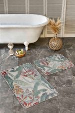 - Realhomes - Realhomes  2'li Set Yeşil Zeminde Çiçek Motifli Geleneksel Desenli Summer & Fresh Floral  2'li Banyo & Mutfak Paspas Takımı Realhomes