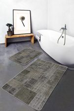 2'li Set Haki Zeminde Patchwork Motifli Etnik Desenli Vintage Klasik  2'li Banyo & Mutfak Paspas Takımı Realhomes