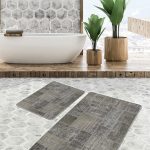 2'li Set Siyah - Kahverengi Zeminde Kanvas Motifli Yağlıboya Desenli Bohem Modern  2'li Banyo & Mutfak Paspas Takımı Realhomes