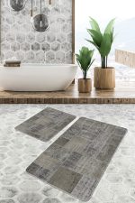 2'li Set Haki Zeminde Patchwork Motifli Etnik Desenli Vintage Klasik  2'li Banyo & Mutfak Paspas Takımı Realhomes