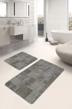 2'li Set Haki Zeminde Patchwork Motifli Etnik Desenli Vintage Klasik  2'li Banyo & Mutfak Paspas Takımı Realhomes