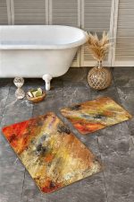 - Realhomes - Realhomes  2'li Set Kırmızı Zeminde Kanvas Motifli Yağlıboya Desenli Modern Sade & Şık  2'li Banyo & Mutfak Paspas Takımı Realhomes