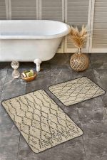 - Realhomes - Realhomes  2'li Set Krem - Siyah Zeminde Kilim Motifli El Dokuma Desenli Etnik Motifler Eskitme Motifli  2'li Banyo & Mutfak Paspas Takımı Realhomes