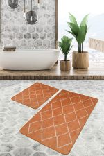 - PaspasTakimi-2li-Set1467-Gorsel-4 - Realhomes  2'li Set Turuncu Zeminde Etnik Motifli El Dokuma Desenli Geometrik Sade & Şık  2'li Banyo & Mutfak Paspas Takımı Realhomes