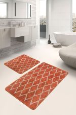 - PaspasTakimi-2li-Set1469-Gorsel-1 - Realhomes 2'li Set Turuncu - Krem Zeminde Etnik Motifli El Dokuma Desenli Geometrik Eskitme Motifli 2'li Banyo & Mutfak Paspas Takımı Realhomes