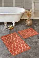 - Realhomes - Realhomes 2'li Set Turuncu - Krem Zeminde Etnik Motifli El Dokuma Desenli Geometrik Eskitme Motifli 2'li Banyo & Mutfak Paspas Takımı Realhomes