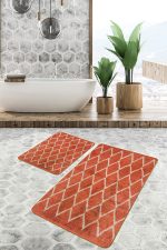 - PaspasTakimi-2li-Set1469-Gorsel-2 - Realhomes 2'li Set Turuncu - Krem Zeminde Etnik Motifli El Dokuma Desenli Geometrik Eskitme Motifli 2'li Banyo & Mutfak Paspas Takımı Realhomes