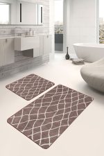 2'li Set Kahverengi Zeminde Etnik Motifli Baklava Desenli Eskitme Motifli Geometrik  2'li Banyo & Mutfak Paspas Takımı Realhomes