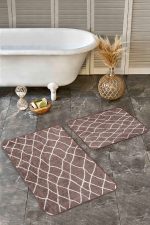 2'li Set Kahverengi Zeminde Etnik Motifli Baklava Desenli Eskitme Motifli Geometrik  2'li Banyo & Mutfak Paspas Takımı Realhomes