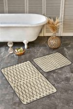 2'li Set Krem - Siyah Zeminde Kilim Motifli Yöresel Desenli Geometrik Eskitme Motifli  2'li Banyo & Mutfak Paspas Takımı Realhomes