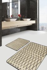 2'li Set Krem - Siyah Zeminde Kilim Motifli Yöresel Desenli Geometrik Eskitme Motifli  2'li Banyo & Mutfak Paspas Takımı Realhomes