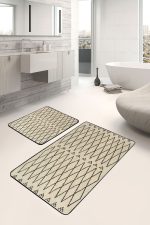 2'li Set Krem - Siyah Zeminde Kilim Motifli Yöresel Desenli Geometrik Eskitme Motifli  2'li Banyo & Mutfak Paspas Takımı Realhomes