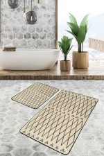 2'li Set Krem - Siyah Zeminde Kilim Motifli Yöresel Desenli Geometrik Eskitme Motifli  2'li Banyo & Mutfak Paspas Takımı Realhomes