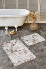 - Realhomes - Realhomes  2'li Set Krem - Kızıl Zeminde Kanvas Motifli Boya Desenli Eskitme Motifli Vintage  2'li Banyo & Mutfak Paspas Takımı Realhomes