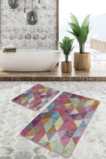 - PaspasTakimi-2li-Set1475-Gorsel-1 - Realhomes  2'li Set Çok Renkli Zeminde El Dokuma Motifli Üçgen Desenli Geometrik Sade & Şık  2'li Banyo & Mutfak Paspas Takımı Realhomes