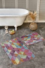 - Realhomes - Realhomes  2'li Set Çok Renkli Zeminde El Dokuma Motifli Üçgen Desenli Geometrik Sade & Şık  2'li Banyo & Mutfak Paspas Takımı Realhomes