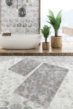 - PaspasTakimi-2li-Set1477-Gorsel-1 - Realhomes 2'li Set Krem - Kahverengi Zeminde Eskitme Motifli Örgü Desenli Floral Sade & Şık 2'li Banyo & Mutfak Paspas Takımı Realhomes