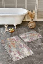 - Realhomes - Realhomes 2'li Set Krem Zeminde Örgü Motifli Kilim Desenli Eskitme Motifli Modern 2'li Banyo & Mutfak Paspas Takımı Realhomes