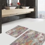 2'li Set Gri - Krem Zeminde Eskitme Motifli Dokuma Halı Desenli Eskitme Motifli Vintage  2'li Banyo & Mutfak Paspas Takımı Realhomes