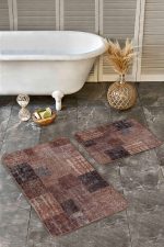 - Realhomes - Realhomes  2'li Set Kahverengi Zeminde Patchwork Motifli Vintage Desenli Vintage Eskitme Motifli  2'li Banyo & Mutfak Paspas Takımı Realhomes