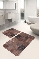 - PaspasTakimi-2li-Set1481-Gorsel-2 - Realhomes  2'li Set Kahverengi Zeminde Patchwork Motifli Vintage Desenli Vintage Eskitme Motifli  2'li Banyo & Mutfak Paspas Takımı Realhomes