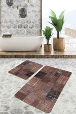 - PaspasTakimi-2li-Set1481-Gorsel-4 - Realhomes  2'li Set Kahverengi Zeminde Patchwork Motifli Vintage Desenli Vintage Eskitme Motifli  2'li Banyo & Mutfak Paspas Takımı Realhomes