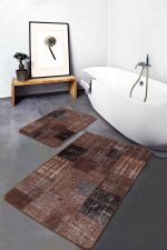- PaspasTakimi-2li-Set1481-Gorsel-5 - Realhomes  2'li Set Kahverengi Zeminde Patchwork Motifli Vintage Desenli Vintage Eskitme Motifli  2'li Banyo & Mutfak Paspas Takımı Realhomes