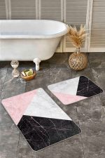- Realhomes - Realhomes 2'li Set Pembe - Siyah Zeminde Mermer Motifli Geometrik Desenli Geometrik Sade & Şık 2'li Banyo & Mutfak Paspas Takımı Realhomes