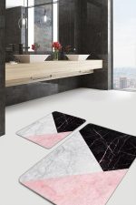 - PaspasTakimi-2li-Set1482-Gorsel - Realhomes 2'li Set Pembe - Siyah Zeminde Mermer Motifli Geometrik Desenli Geometrik Sade & Şık 2'li Banyo & Mutfak Paspas Takımı Realhomes